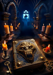 An ancient spell book inside a creepy wizards castle