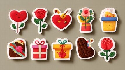Valentine Sticker Icons Collection with Roses, Gifts and Chocolate on Neutral Gray Background