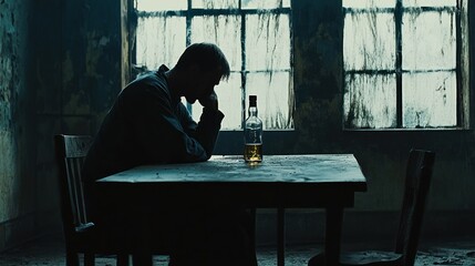 A man sits alone at a table, with a bottle of alcohol in front of him, symbolizing the struggles of addiction and its ties to social issues.