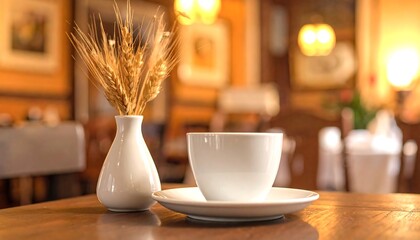 Coffee Cup and Vase on Table.