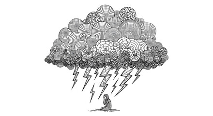 mental storm rain with lightning over lonely human illustration