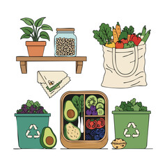 Flat lay illustration of eco-friendly food storage and recycling with fresh produce, reusable bags and containers on a clean white background.