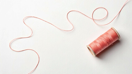 sewing needle and thread Sewing Essentials Flat Lay with Pink Thread, Needle and Vintage Scissors on White Fabric