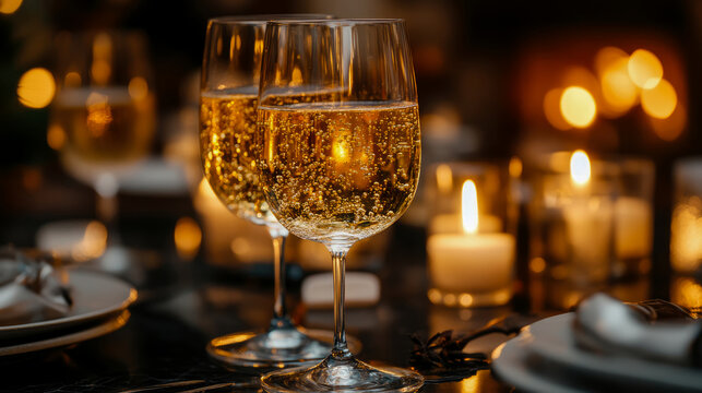 Romantic evening setting with two champagne flutes filled with bubbly golden liquid, illuminated by soft candlelight and warm bokeh lights, creating atmosphere of celebration and luxury