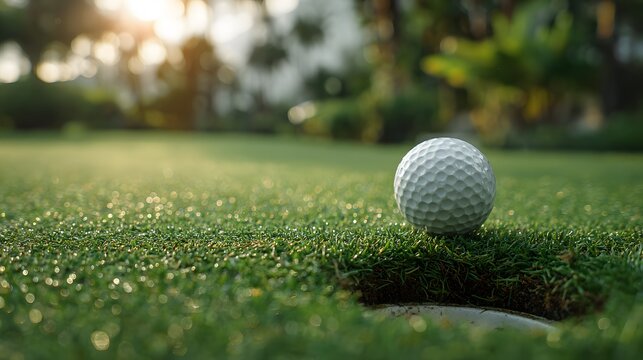 White golf ball sits on pristine green grass right next to hole showing low angle perspective and morning dew on sports turf field.