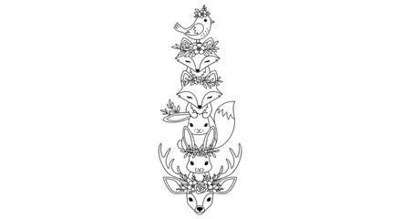 stacked woodland animals forming playful fantasy totem illustration