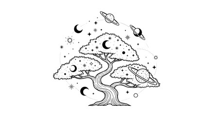 fantasy tree with moon and planets symbolizing cosmic growth illustration