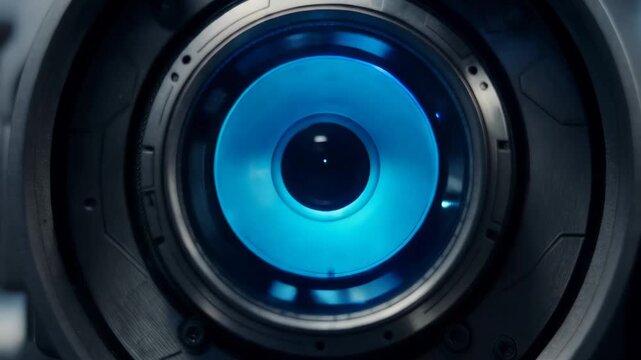 Close-up view of a camera lens with blue light in a tech setting showing the inner mechanics and design