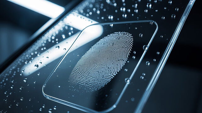 Forensic fingerprint analysis: A detailed close-up shot of a glass surface with fingerprint evidence. capturing a sense of mystery and forensic investigation.