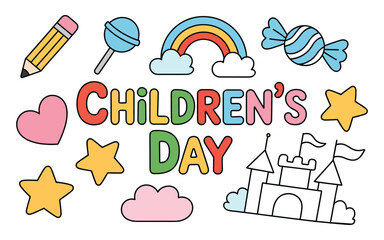 Colorful Children&rsquo;s Day celebration design with rainbow candy, castle elements, festive decorations, party theme, fun invitations, and creative project illustration.