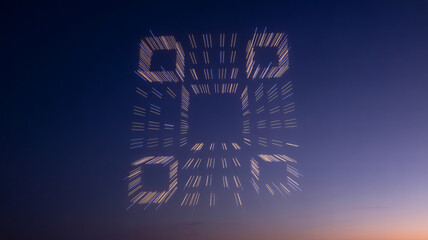 QR Code against Twilight Sky: An artistic rendering of a QR code stands out against the gradient twilight sky, a symbol of modern information.