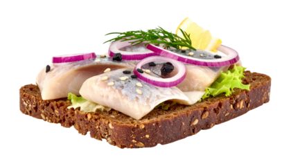 Close-up of open-faced sandwich with fish, red onion, greens, and lemon on dark bread