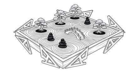 isometric abstract garden with symbolic landscape elements illustration