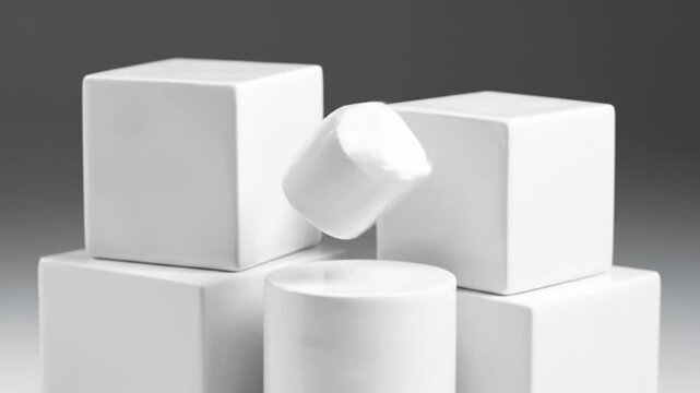 Crisp white geometric forms arranged in a dynamic composition, highlighting principles of balance and potential instability, ideal for abstract or conceptual themes