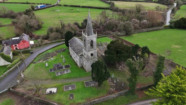Aerial View of St Bridget&rsquo;s Church and Cemetery in Attanagh, County Kilkenny, Ireland (4K Drone Footage)