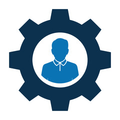 User Settings Icon with Gear and Person Silhouette in Dark Blue Vector