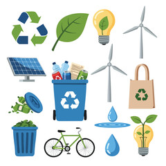 Flat lay illustration of various eco-friendly icons including recycling symbols, solar panel, wind turbines, and sustainable living objects on a clean white background.