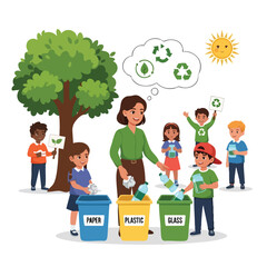 A woman teaches children to sort recyclables into paper, plastic, and glass bins under a tree with a sunny background, promoting eco-friendly practices.