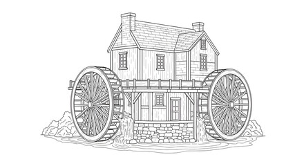 traditional watermill house representing rural life illustration