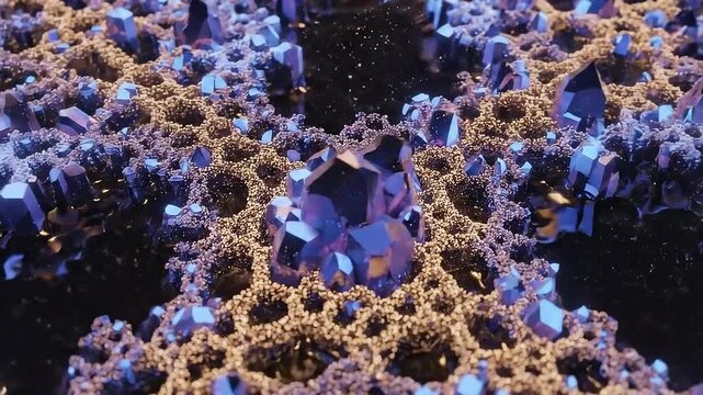 Microscopic time-lapse of blue crystalline lattice structure growing with glowing golden particles