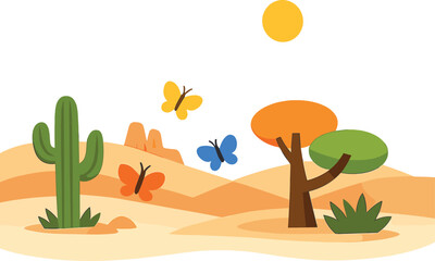 Abstract desert scenery with trees, butterflies, and clouds