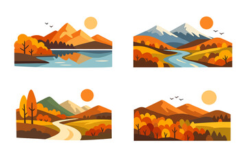 Vector illustrations of fall landscapes, including autumn mountain scenery prints and simple outdoor abstract graphics