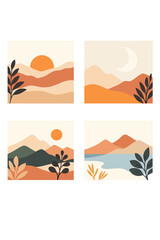 Vector illustration of landscapes, mountains, and plants in an abstract style&mdash;ideal for wall art, decor, and prints