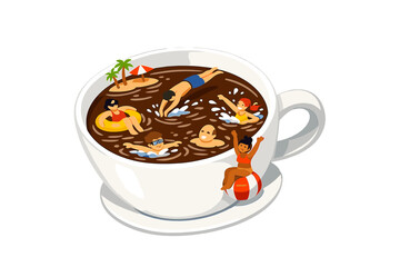 Create a 3D landscape image featuring an angled coffee cup, inside which people are joyfully swimming, forming a lively scene