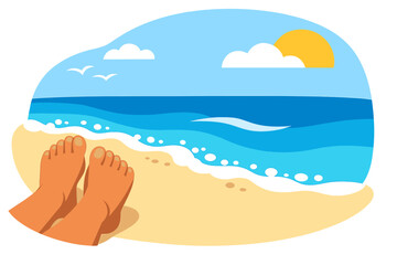 A foot beside a blue sea and sandy beach, set against an abstract summer backdrop