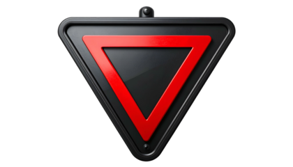 A black yield sign with a red border, triangular shape, against a solid black background