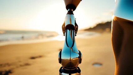 Hand holding champagne bottle at golden sunset beach with ocean reflection