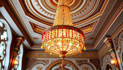 Indian royal chandelier decorated with colorful glass beads, palace-inspired luxury interior, festive cultural atmosphere