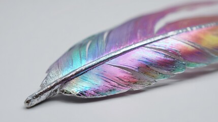 Close-up of an iridescent eagle feather with intricate details, showcasing vibrant shifting colors against a soft background