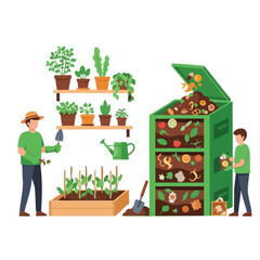 Two gardeners tending plants and adding organic waste to a large compost bin with gardening tools and shelves of potted plants nearby in a colorful illustration.