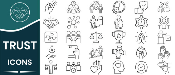 Set of trust icon vector. Icon for confidence credibility, empathy, responsibility, reliable, friends, ethics, assurance, promise, trustworthy, truth, faith, sincerity and more. Vector illustration.