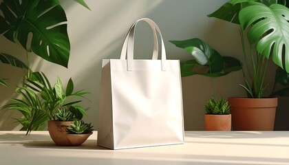 Reusable White Canvas Tote Bag with Plants.