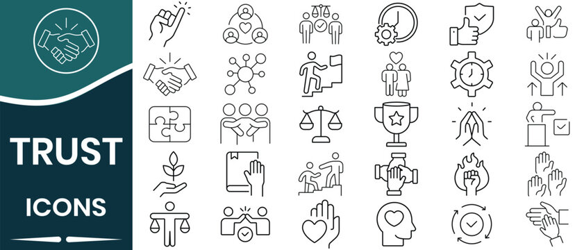 Set of trust icon vector. Icon for confidence credibility, empathy, responsibility, reliable, friends, ethics, assurance, promise, trustworthy, truth, faith, sincerity and more. Vector illustration.
