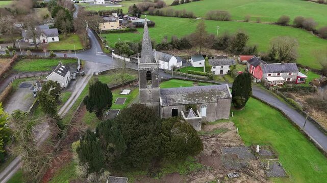 Aerial View of St Bridget&rsquo;s Church and Cemetery in Attanagh, County Kilkenny, Ireland (4K Drone Footage)