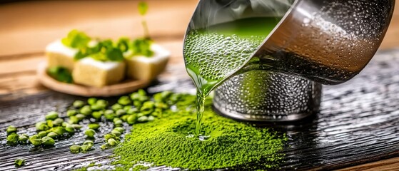 Vibrant Matcha Powder and Green Tea Liquid Pouring for Healthy Drink Preparation
