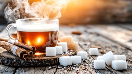 Steaming Hot Tea with Sugar Cubes and Cinnamon Sticks on Rustic Wooden Table