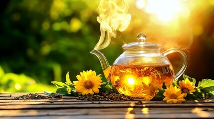 Steaming Herbal Tea in Glass Teapot with Wildflowers on Rustic Wood Table at Golden Hour