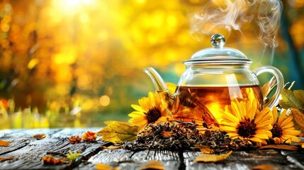 Hot Tea in Glass Teapot on Wooden Table with Autumn Leaves and Sunflowers