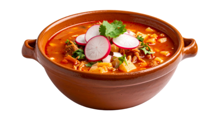 Hearty Mexican stew in a brown earthenware bowl, garnished with radish, onion, and cilantro