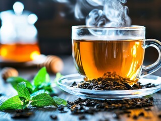 Steaming Hot Mint Tea in Glass Cup with Loose Leaves and Fresh Herbs