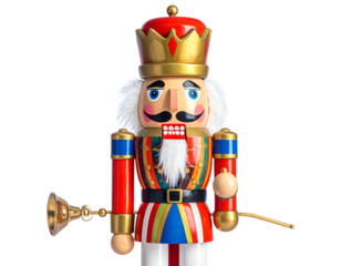 A colorful wooden figurine, wearing a crown and elaborate uniform, holding a trumpet