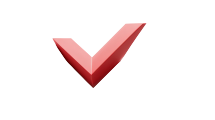 3D check mark emerging from flat surface, dynamic visual concept, clean white space isolated on a Transparent background, PNG file.