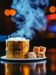 Steaming Hot Drink in Golden Ornate Cup with Turkish Delight and Bokeh Background