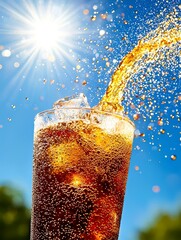 Refreshing Cola Splash with Ice Cubes Against Sunny Blue Sky