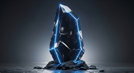 Mysterious dark crystalline object with glowing blue geometric lines, set on rough rocky terrain with reflective water surface