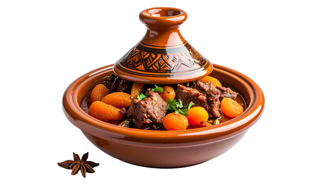 A ceramic tagine pot filled with a stew of meat, apricots, and herbs, isolated